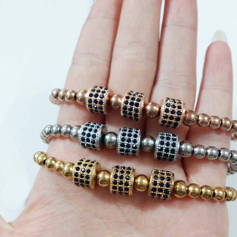 3 Zircon 18k Gold Roundels Ball with 4mm Beaded Macrame Bracelet