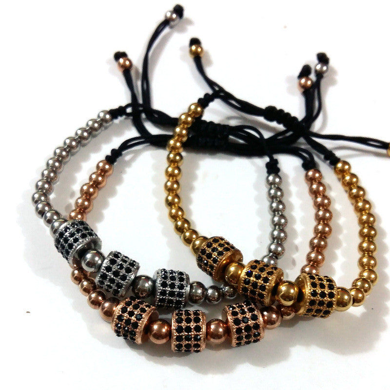 3 Zircon 18k Gold Roundels Ball with 4mm Beaded Macrame Bracelet