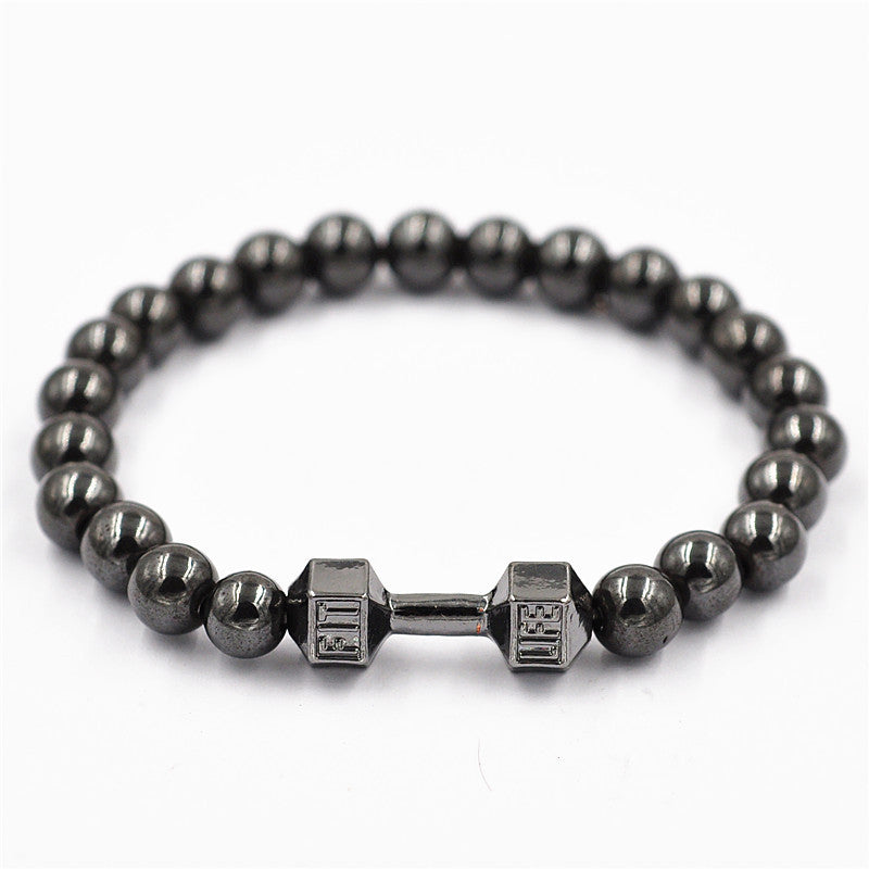 Unisex 8mm Hematite Beaded Dumbbell Bracelet