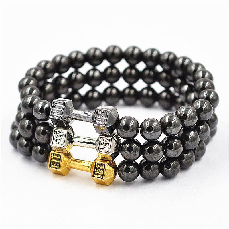 Unisex 8mm Hematite Beaded Dumbbell Bracelet