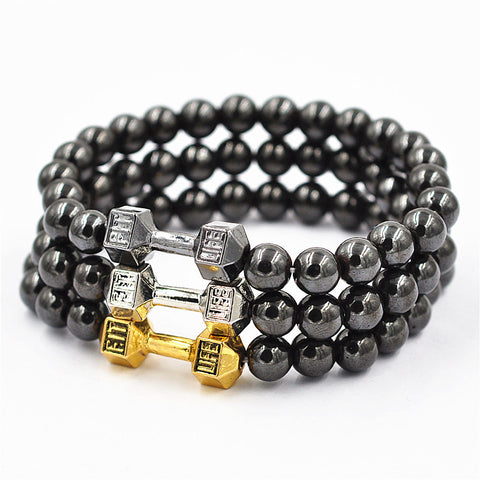 Unisex 8mm Black Beaded Dumbbell Bracelet