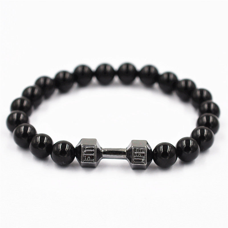 Unisex 8mm Black Beaded Dumbbell Bracelet