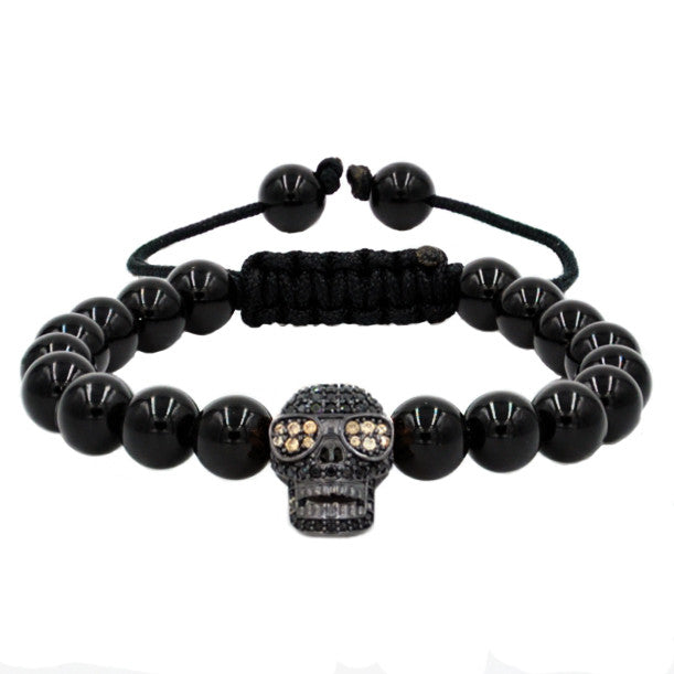 Skull Pave Charm with 8mm Black Onyx Beaded Stretchy Bracelet