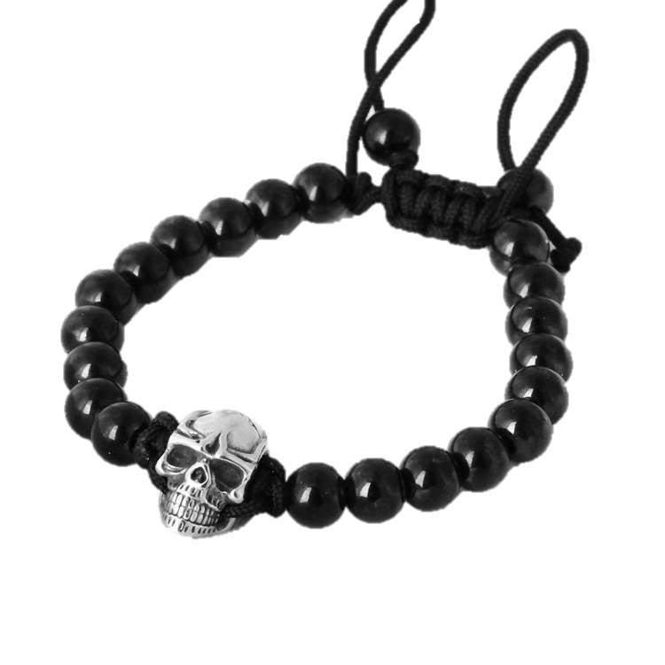 Stainless Steel Unisex Skull 8mm Agate Beaded Rope Bracelet