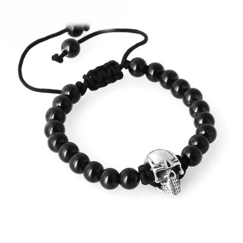 Skull Pave Charm with 8mm Black Onyx Beaded Stretchy Bracelet