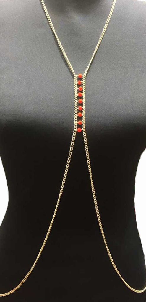 Red Beads Gold-tone Bikini Body Chain Body Jewelry