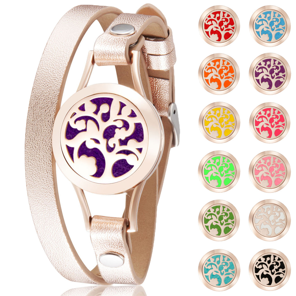 Essential Oil Diffuser Bracelet Tree of Life Aromatherapy 316L Surgical Stainless Steel with Adjustable Genuine Leather & 12 Color Pads