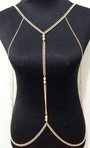 Red Beads Gold-tone Bikini Body Chain Body Jewelry