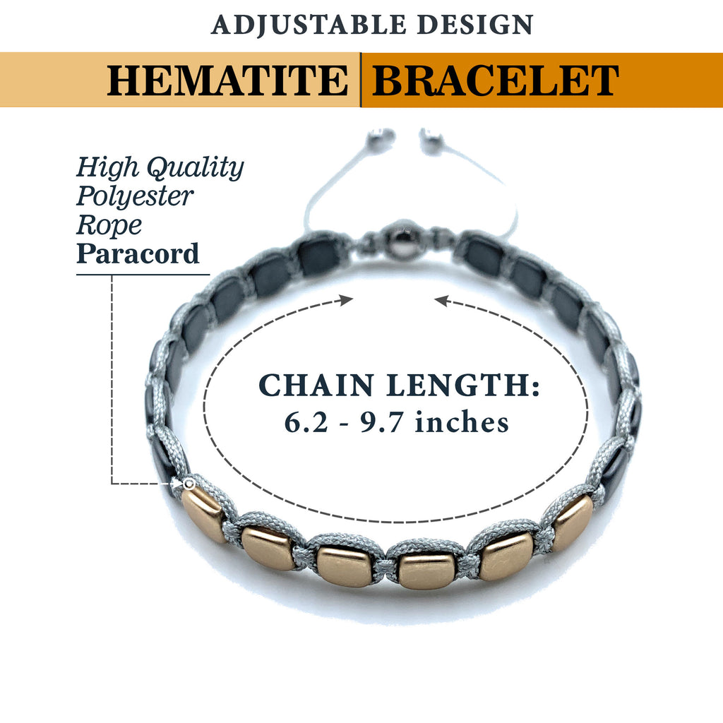 Hematite 8mm Magnetic Beaded Bracelet with Adjustable Rope - Square - Gold/Grey