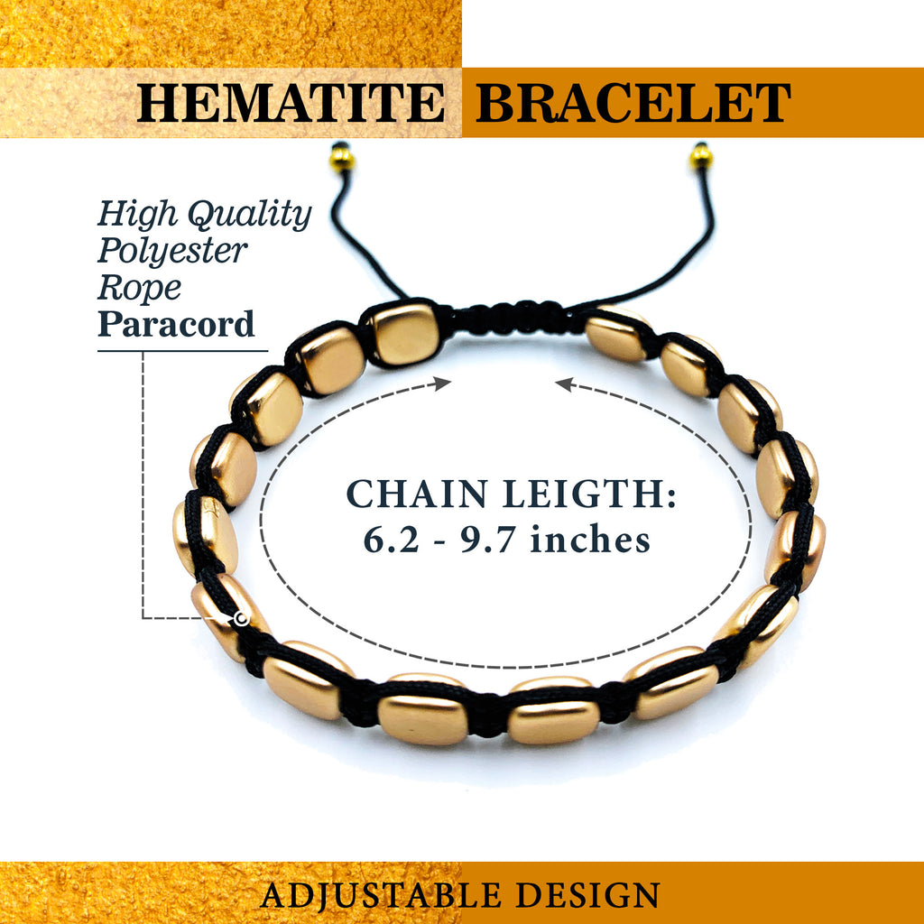 Hematite 8mm Magnetic Beaded Bracelet with Adjustable Rope - Square - Gold