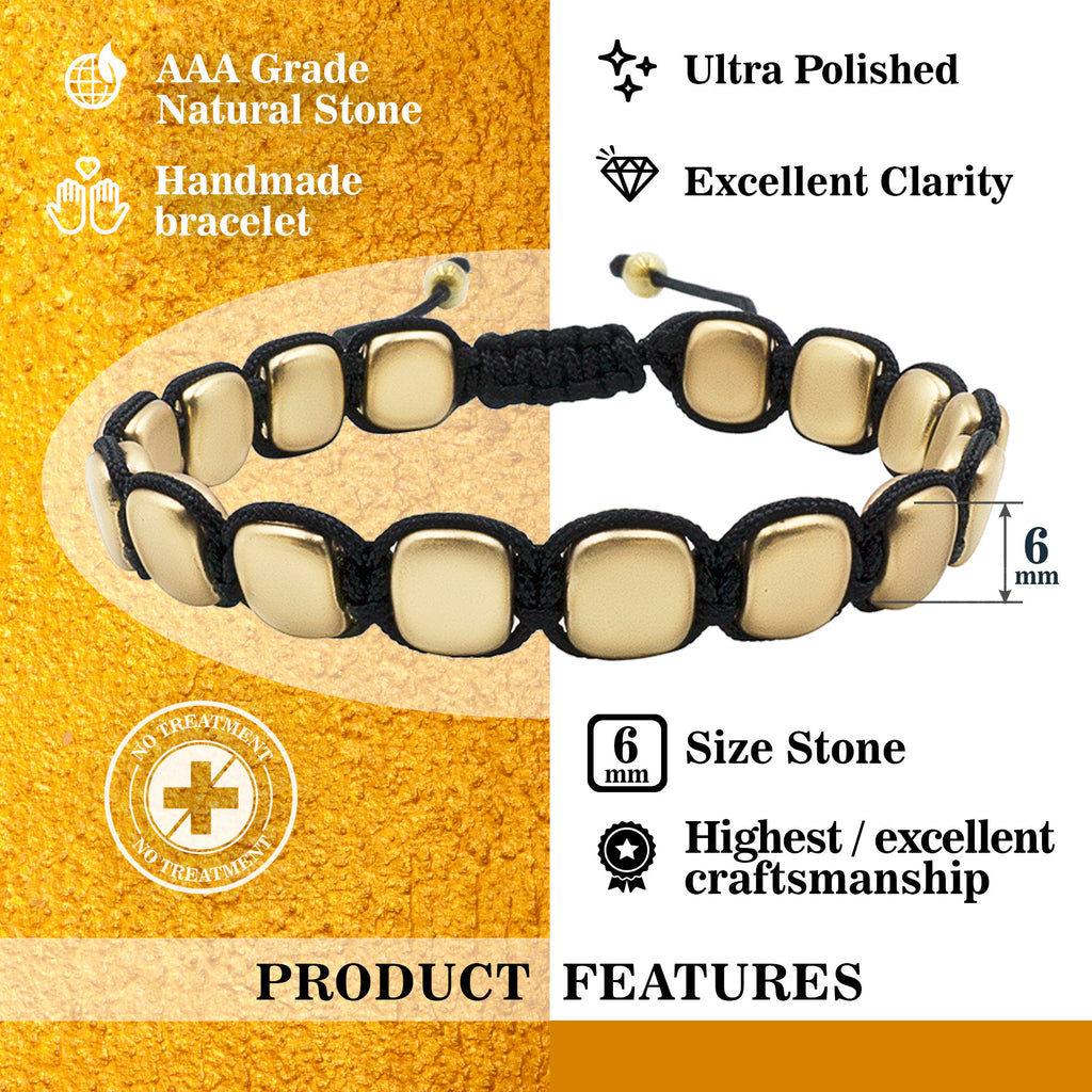 Hematite 8mm Magnetic Beaded Bracelet with Adjustable Rope - Square - Gold