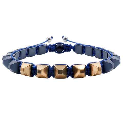 Hematite 8mm Magnetic Beaded Bracelet with Adjustable Rope - Square - Gold/Blue