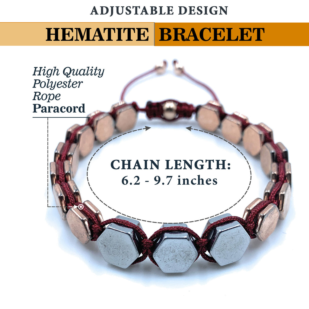 Hematite 8mm Magnetic Beaded Bracelet with Adjustable Rope - Hexagon - Grey/Copper