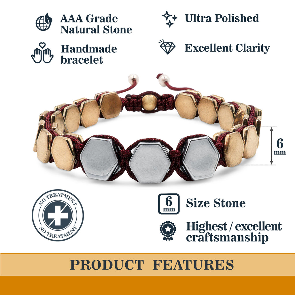 Hematite 8mm Magnetic Beaded Bracelet with Adjustable Rope - Hexagon - Grey/Copper