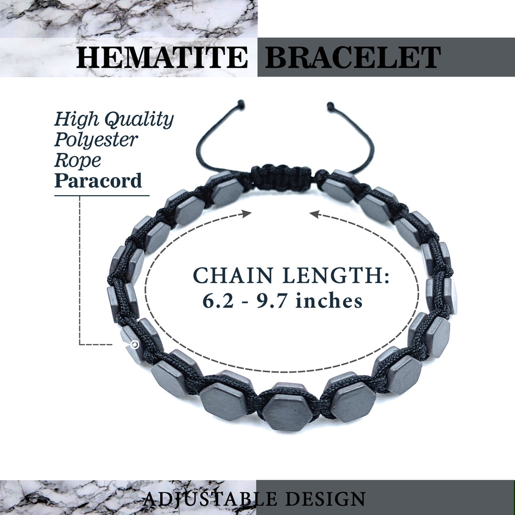 Hematite 8mm Magnetic Beaded Bracelet with Adjustable Rope - Hexagon - Gray