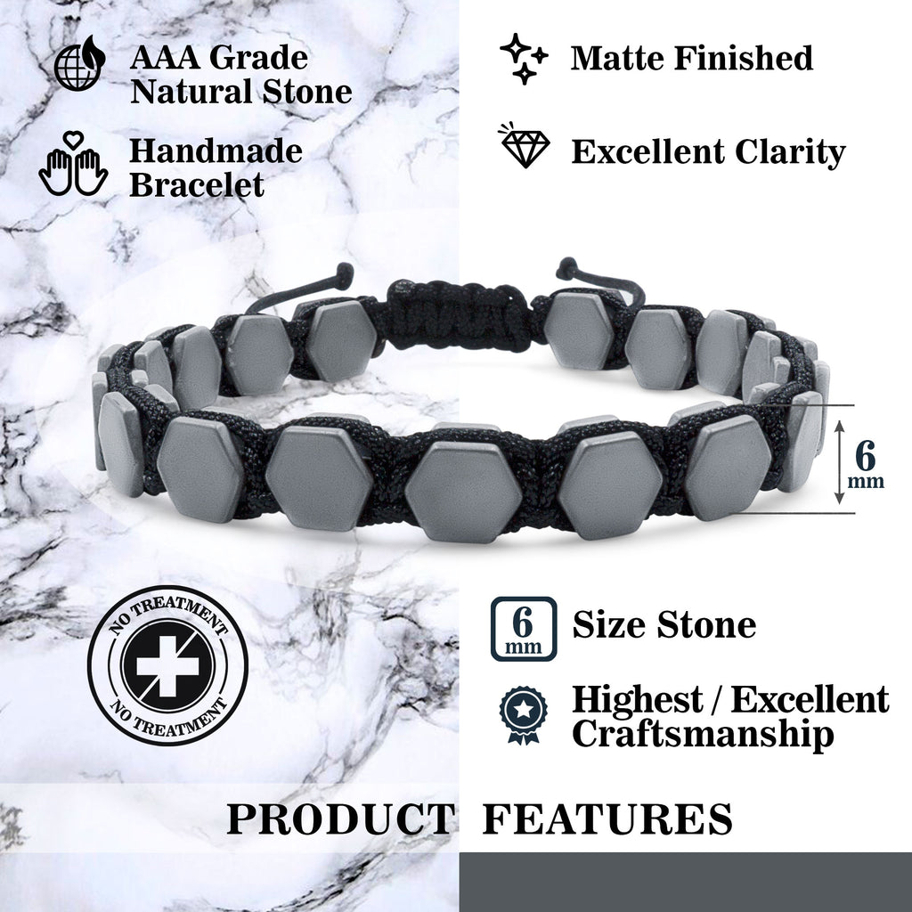 Hematite 8mm Magnetic Beaded Bracelet with Adjustable Rope - Hexagon - Gray