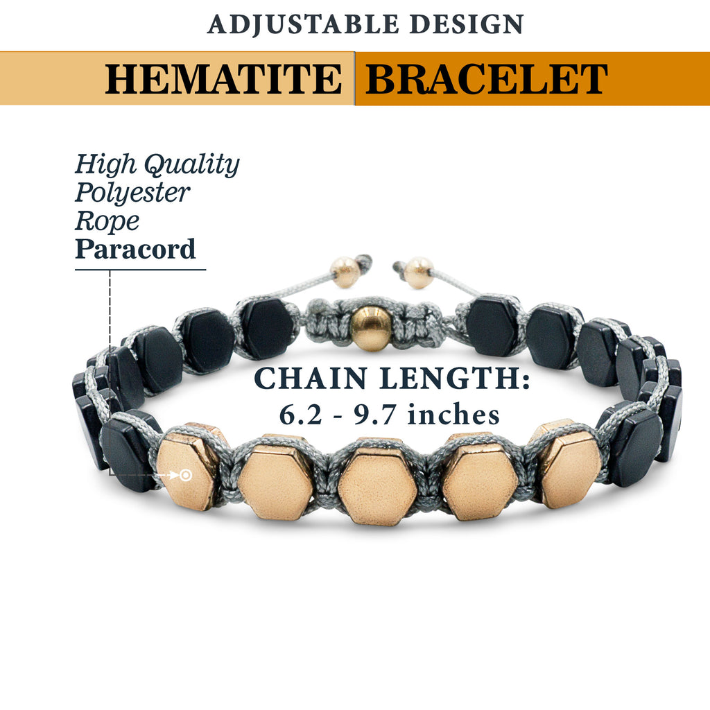 Hematite 8mm Magnetic Beaded Bracelet with Adjustable Rope - Hexagon - Copper/Grey