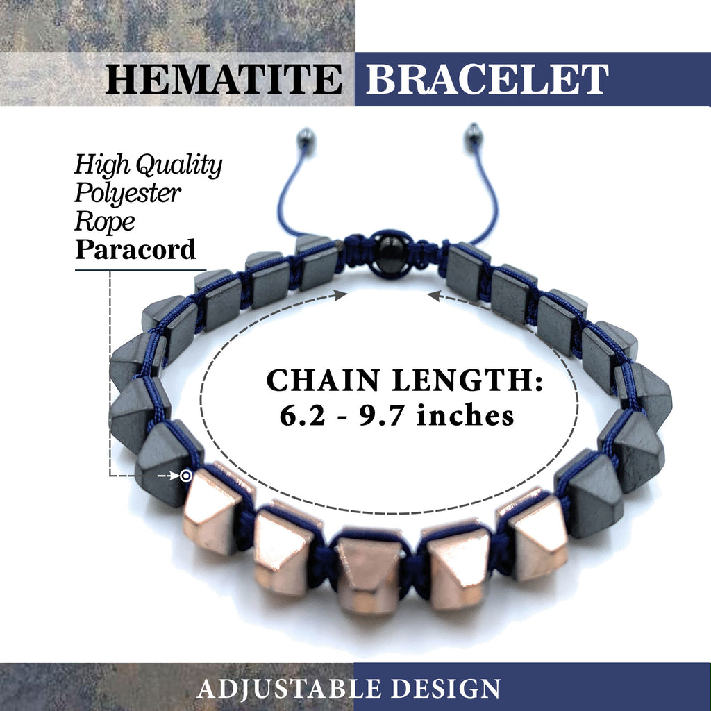 Hematite 8mm Magnetic Beaded Bracelet with Adjustable Rope - Pyramid - Gold/Grey